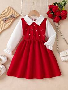 Elladie kids 少女珍珠点缀领口红白中长连衣裙，甜美优雅风格，适合派对、日常穿着、春秋季及圣诞节等场合。 - 紅色 - 查看 3