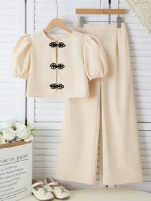 SHEIN 2pcs Girls Casual & Elegant Flutter Sleeve Round Neck Blouse And Wide Leg Pants Set - Apricot - View 11