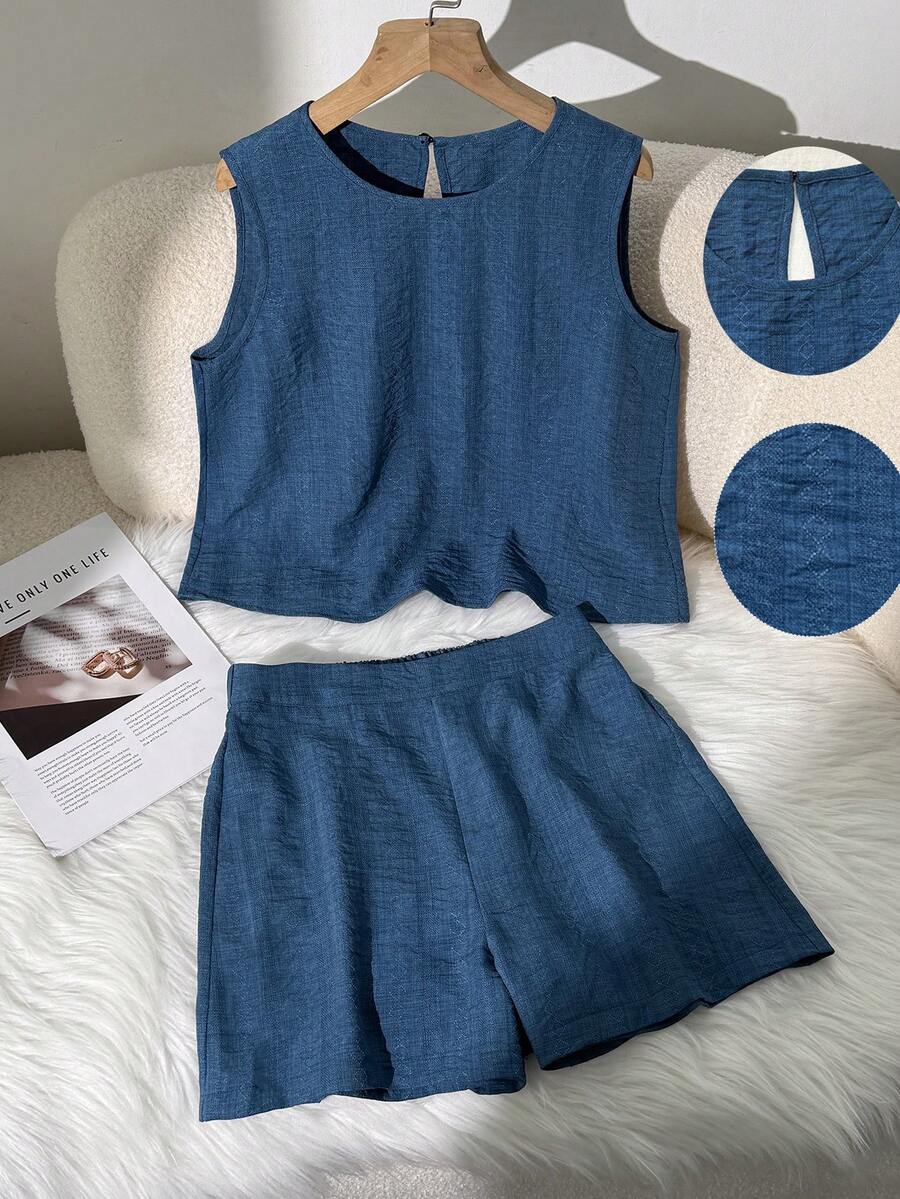 EMERY ROSE Women's Casual Round Neck Sleeveless Top And Shorts Set, Loose Fit Two Pieces Outfit - Blue - View 1
