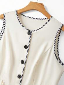 GlowEve CURVE 大码休闲商务X型圆领无袖开襟撞色滚边纽扣装饰春夏商务休闲优雅假日连衣裙 - 米色 - 查看 7