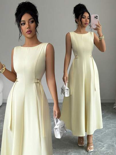 Elenzga Vestido largo sin mangas de línea A con cintura ceñida, cuello redondo, diseño de costura dividida, cinturón de tela de doble cara con hebilla de metal doble D ajustable, en color amarillo pálido. Elegante y sofisticado estilo retro francés, adecuado para oficina, viajes, negocios, casual, vintage, uso doméstico australiano, ocio cómodo, vacaciones en la playa, tarde, cumpleaños, fiesta, boda, Día de San Valentín romántico, nueva llegada de primavera/verano