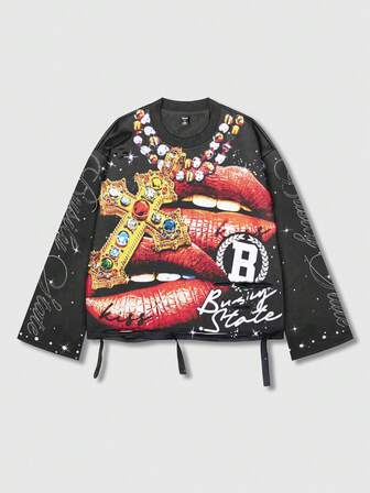 Street Life Maglietta vintage da uomo a girocollo con maniche lunghe e grafica Saint in stile urban consumato