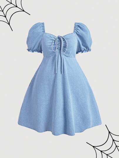 SHEIN MOD Plus Size Summer Casual Washed Drawstring Detail Puff Sleeve Denim Dress