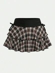 SHEIN 少女街头休闲黑色针织拼接格子撞色抽绳腰褶裥裙 - 彩色 - 查看 6
