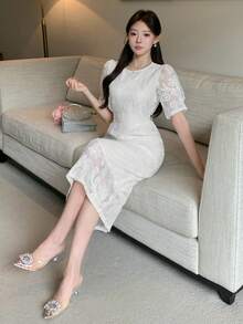 DAZY High-End Embroidered Lace Midi Dress, Women's Round Neck Split Hem French Elegant Party Gown - White - View 8