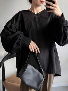 FRIFUL Women's Solid Black Round Neck Drop Shoulder Loose Casual Patchwork Blouse, Versatile Spring Outfit - Black - View 5