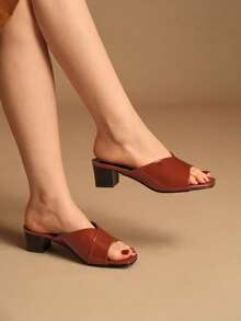 Rosivie Women's PU Leather Fashion Daily Wear Slip-On High Heel Sandals - Brown - View 5