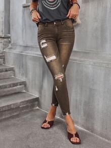 EMERY ROSE Quần jean nữ dáng skinny rách có túi, kiểu dáng thường ngày, đa năng. - Cà phê nâu - Xem 7