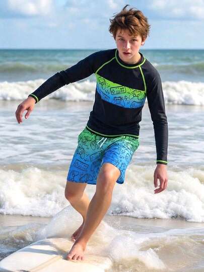 SHEIN Teen Boys Game Controller Print 2-Piece Swimsuit Set Black Long Sleeve Rash Guard & Gradient Color Beach Shorts Quick Dry UV Protection Swimwear For Summer Beach Surfing Pool Vacation Boys Swim Rash Guard Boys Long Sleeve Swimsuit Tween Rash Guards Tween Boys Swim Shirt Boys Swim Trunks