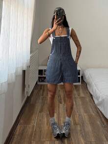 StreetHx Fashionable Casual Street Style Striped Denim Bib Overall Jumpsuit - Medium Wash - View 8