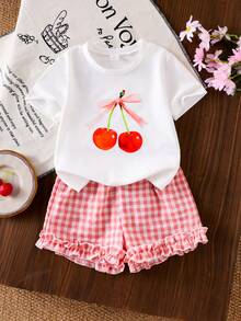 SHEIN Set de 2 piezas (Pequeño) Estilo coreano suelto y lindo para niñas - Top corto y conjunto de camiseta, verano - Rosa - Ver 7