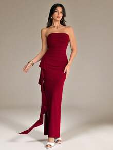 SHEIN Tall 无袖无肩带性感褶皱高开衩荷叶边裹身长裙，伴娘礼服，适合婚礼、情人节、宴会、约会等场合，酒红色 - 酒紅色 - 查看 3