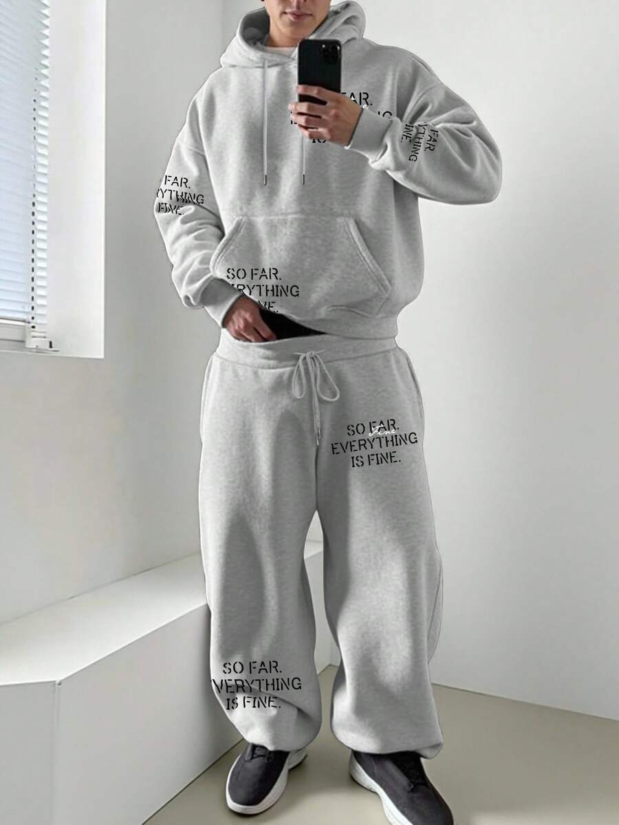 Claim Dot 2pcs Men's Minimalist Printed Hoodie And Pants Set - Light Grey - View 1