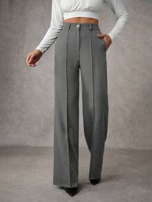 EURMUSE Women's Solid Pleated Seam Detailed Suit Pants - Grey - View 1