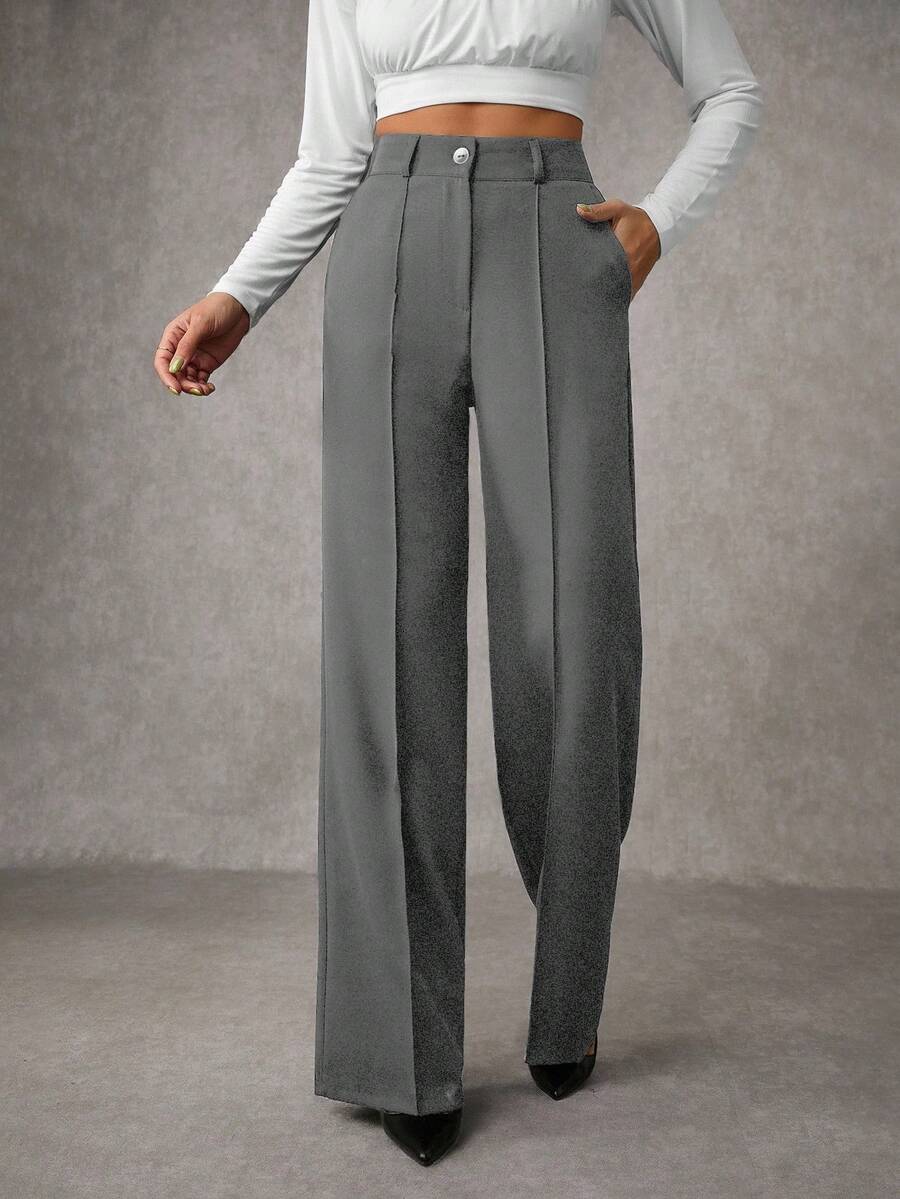 EURMUSE Women's Solid Pleated Seam Detailed Suit Pants - Grey - View 1