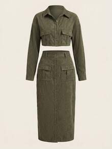Aveloria Modichic Ladies' Solid Color Button Up Shirt And Split Hem Skirt Set  - Army Green - View 1