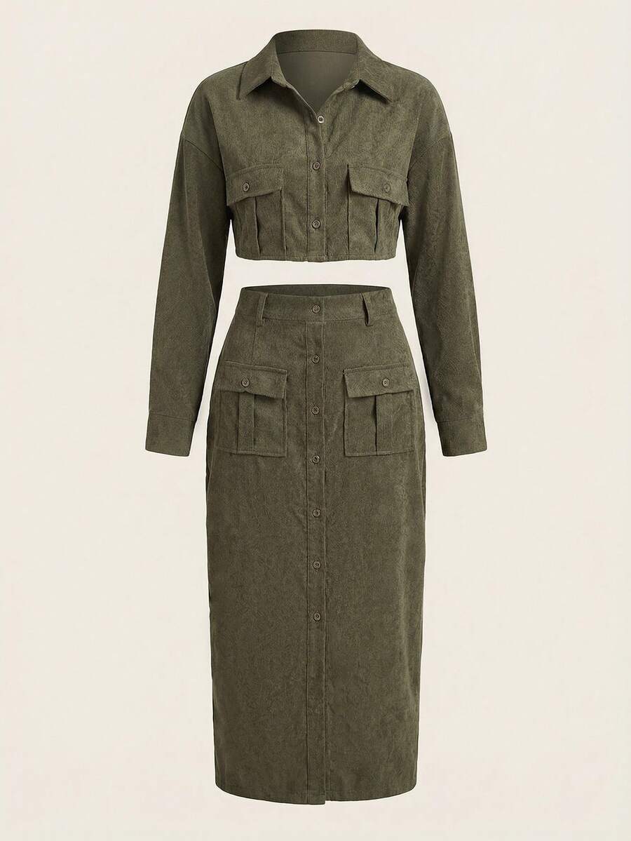 Aveloria Modichic Ladies' Solid Color Button Up Shirt And Split Hem Skirt Set - Army Green - View 1