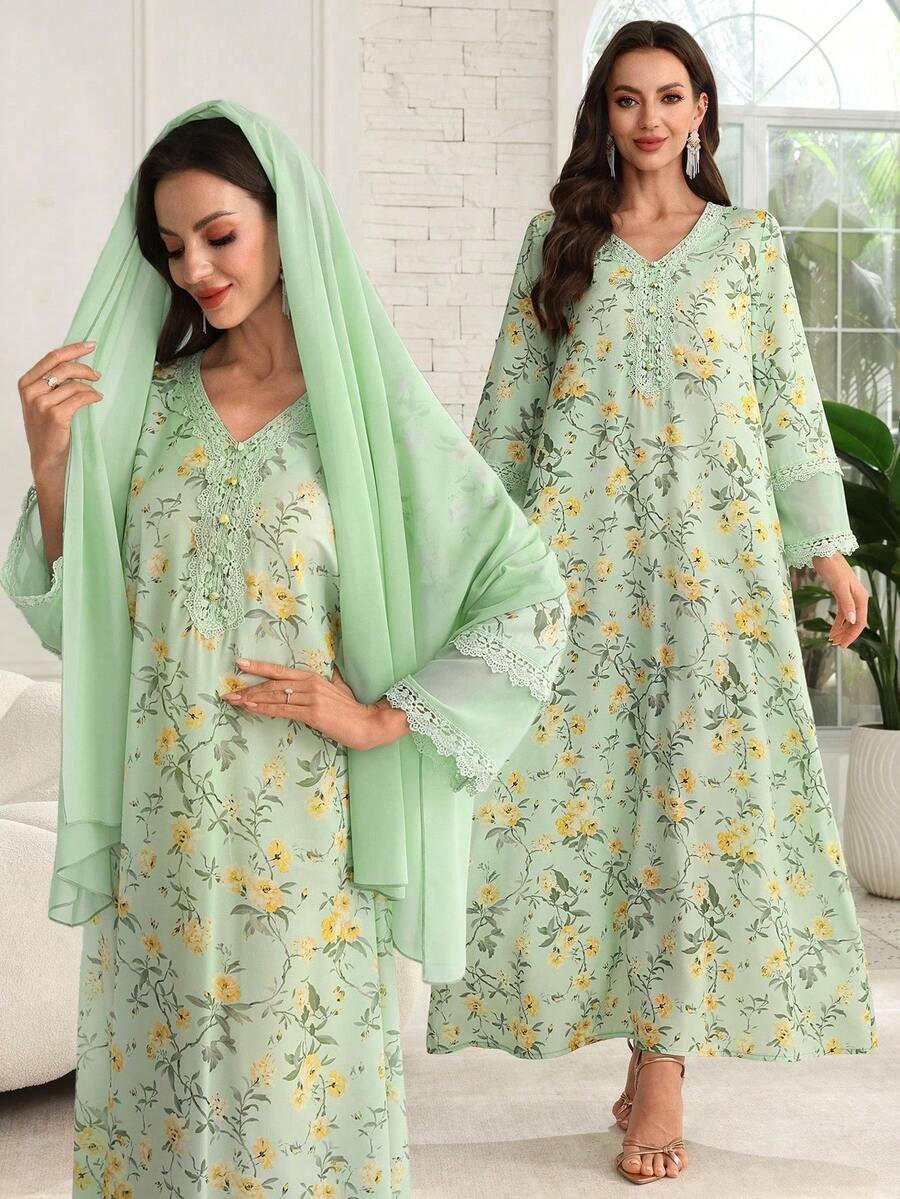Yasmyna V-Neck Chiffon Lace Patchwork Floral Print Dress With Headscarf - Green - View 1