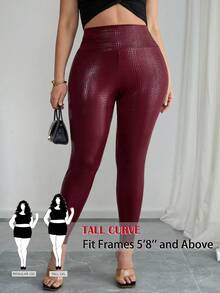 SHEIN Tall CURVE 大码夏季时尚高腰弹力鳄鱼纹打底裤 - 酒紅色 - 查看 1