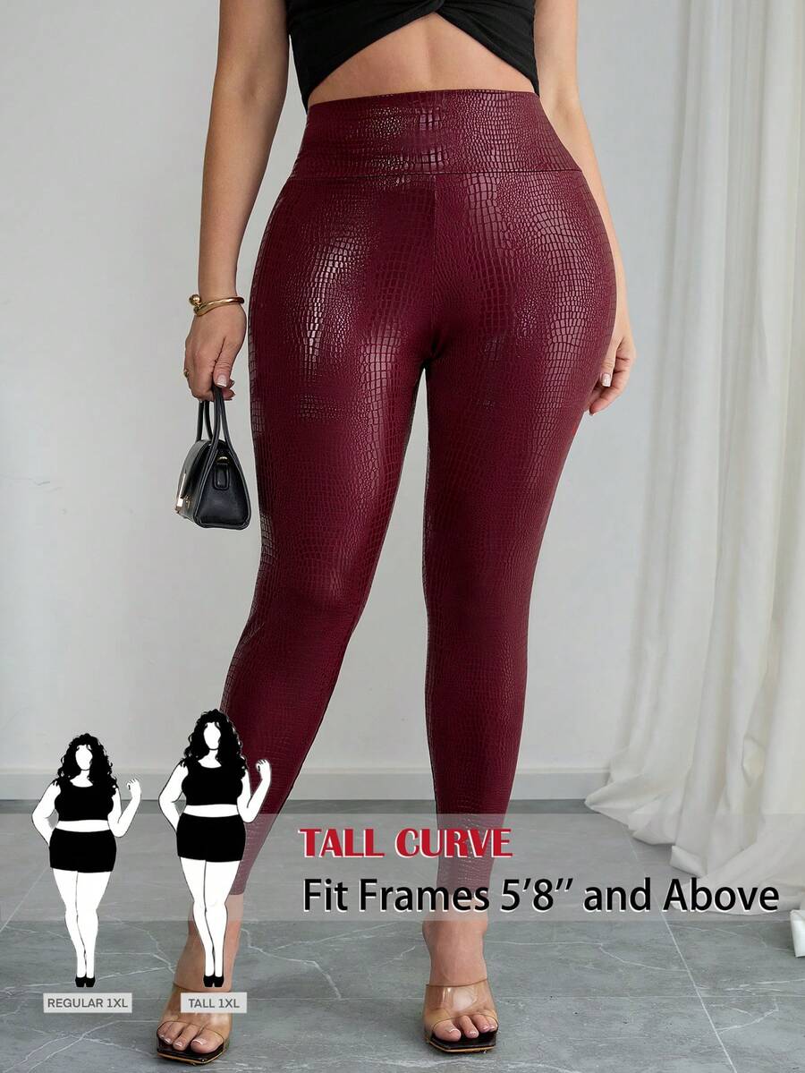 SHEIN Tall CURVE 大码夏季时尚高腰弹力鳄鱼纹打底裤 - 酒紅色 - 查看 1