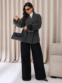 Auralis Plus Size Fashionable Versatile Overcoat With Belt, Autumn/Winter - Dark Grey - View 3