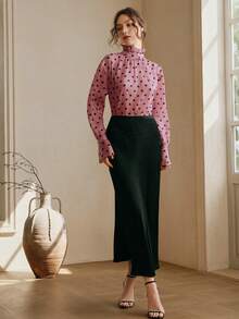 Anewsta Romantic Vacation Style Valentine's Day Pink & Black Polka Dot Ruffle Collar Long Sleeve Blouse For Women - Pink - View 6