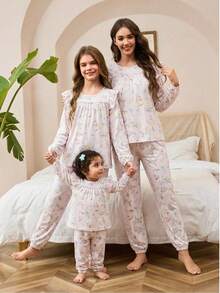 Babyflickor pyjamas - 2-delat pyjamasset Kanintryck Rosa Blommig Volang Axlar Rund Hals Långärmad Resår i Midjan Långa Byxor Tvådelat Nattplagg Bekvämt Lätt Hela Säsong Högtid 2026 Oumbärlig Gåva Barnrum Sovrum Lounge - Babyrosa - Visa 4