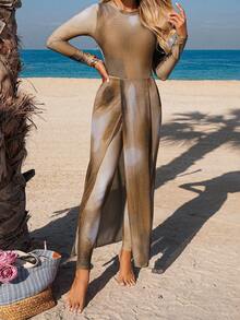 Swim Mulvari Women's Tie-Dye Tie Dye Print Vacation Style Bikini Set, Zipper Back Design Printed Pants & Split Maxi Skirt Middle East Style Bikini - Yellow - View 6