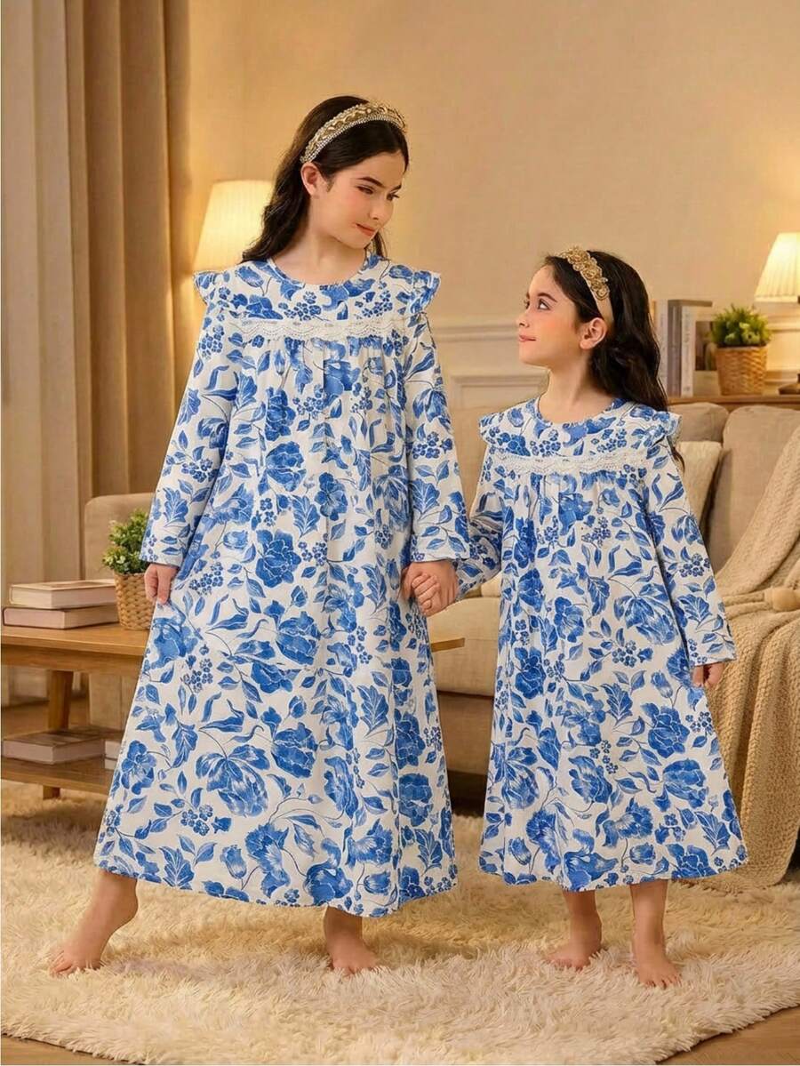 Robe à manches courtes avec motif floral chinois pour filles, garniture en dentelle qui met en valeur le charme oriental, élégante et confortable pour les préadolescentes. Conception pratique avec ouverture dans le dos, convient pour le printemps/automne et l'automne/hiver