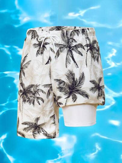 SHEIN Teen Boys Tropical Print Drawstring Swim Trunks Vacation Style Short Bathing Suit Bottoms Boys' Printed Random Coconut Tree Swimwear, Lining Swimsuit Fabric, Suitable For Swimming And Surfing, Spring/Summer Men's Swim Trunks Beach Shorts Patterned Swim Shorts White Swim Shorts Palm Tree Shorts Patterned Swim Trunks Teen Boy Swim Trunk Beachwear Teen Boy Board Shorts Mens Swim Shorts Tropical Swim Trunks Palm Tree Swim Shorts