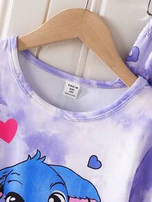 Conjunto de pijama morado nuevo con camiseta de manga larga de cuello redondo y pantalones holgados para niñas, con estampado lindo de conejo, efecto tie-dye en tela de punto de seda de leche, material suave y adorable - Morado - Ver 4