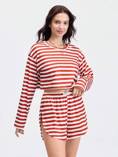 Loungeista Conjunto de pijama feminino com estampa listrada de 2 peças - Roupa casual para casa com camiseta de manga curta e shorts, adequado para primavera, outono e inverno