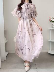 FRIFUL 女士优雅通勤印花荷叶边连衣裙