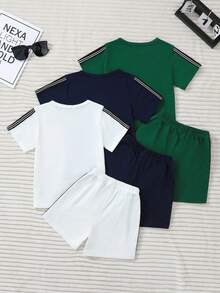 SHEIN Genkimix Kids 6pcs/Set Boys' Round Neck Short Sleeve Shorts, 3pcs/Set Green, Black, White Boys' Multi-Piece Set, Letter Print "YOU'RELACKINGVITAMIN" With Side Stripe, Comfortable Fit, Suitable For Summer Daily Wear, School, Outdoor Play, Family Outings, Sports Casual Style Boys Casual Sets 6 Pcs Boys Casual Sets Boys Outfit Sets 6 Pcs Boys Set Boys Striped Short Sets Boys Short Sleeve Sets Boys Summer Sets Boy Casual Sets Boys Short Sleeve Shorts Set - Multicolor - View 2