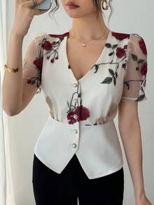 DAZY 女士印花V领衬衫，夏季，婚礼宾客礼服 - 杏色 - 查看 7