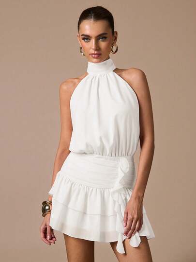 SHEIN BAE Sleeveless Ruffle Hem Solid Color Mini Sundress, Elegant Sweet Cute Fit Mini Dress, Suitable For Romantic Dates, Parties, Formal Gatherings, Bridesmaid Dresses, Summer Dresses, Tea Party Dresses, New Year, Valentine's Day, Birthday Mini Dress, Pink Dress