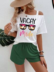 SHEIN LUNE 女士休闲不对称肩部字母和太阳镜印花上衣和短裤两件套，夏季 - 彩色 - 查看 4