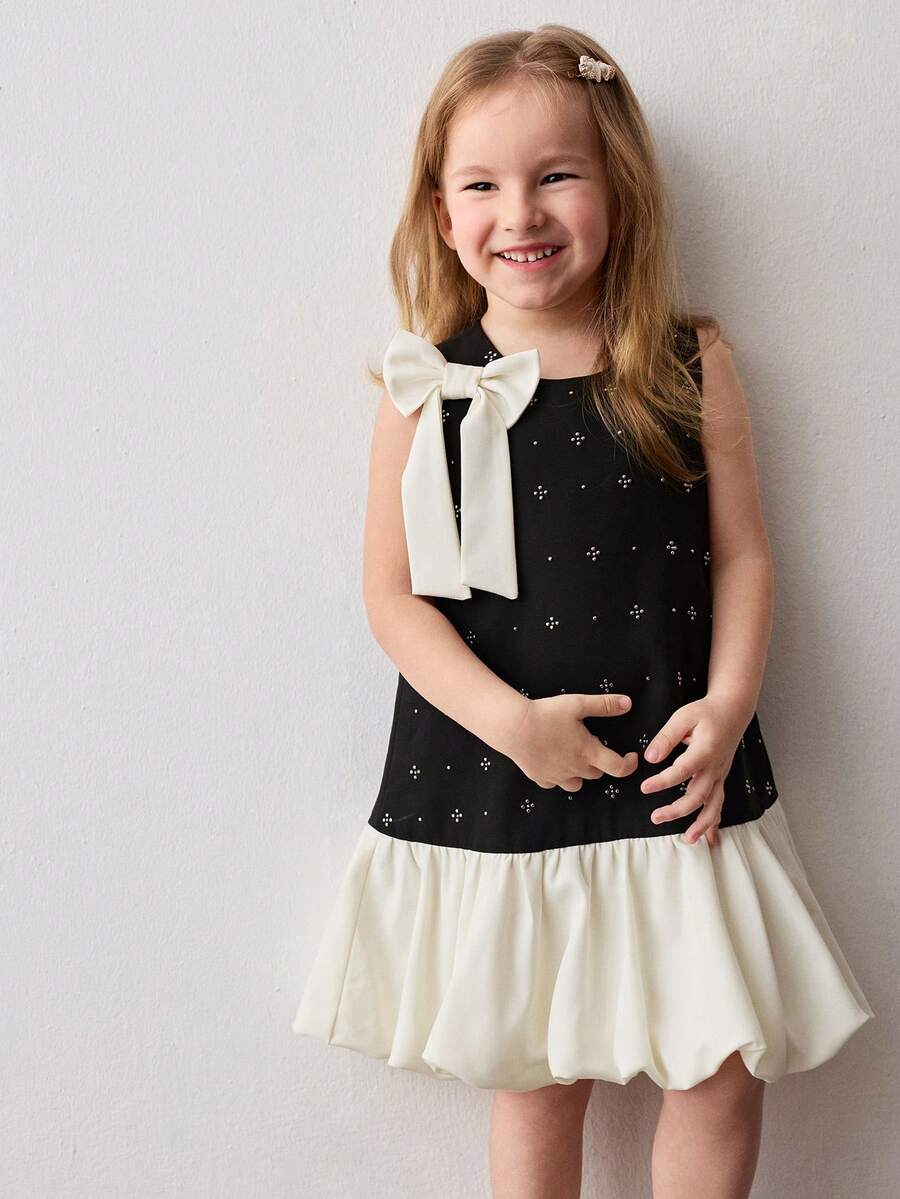 Maija Kids Đầm dài tay cổ tròn đính hạt cườm phối màu tương phản cho bé gái, kiểu dáng thường ngày. - màu đen - Xem 1