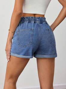 SHEIN Tall 女士弹力腰修身牛仔短裤，蓝色 - 中等水洗藍 - 查看 2