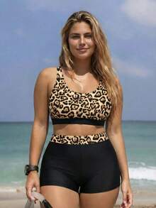 SHEIN Swim SPRTY Plus Size Leopard Print Bikini Set, Beach & Holiday Bikini Set - Multicolor - View 3