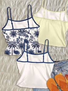 Attitoon 3件套休闲简约度假波西米亚风优雅复古蓝色花卉海洋印花吊带背心套装，舒适适合春夏穿着 - 彩色 - 查看 2
