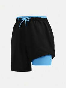 SHEIN 青少年男童休闲二合一梭织沙滩裤，适合游泳、度假、音乐节、冲浪、春夏穿着 - 藍色 - 查看 2