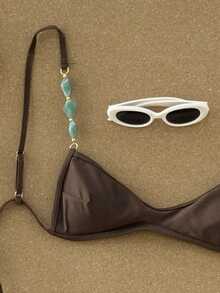 Swim Vcay Bộ bikini nữ màu trơn không gọng, có họa tiết trang trí, gồm áo hai dây và quần bơi, kiểu dáng gợi cảm, thích hợp cho kỳ nghỉ biển, đồ bơi màu nâu mùa xuân/hè. - Cà phê nâu - Xem 3
