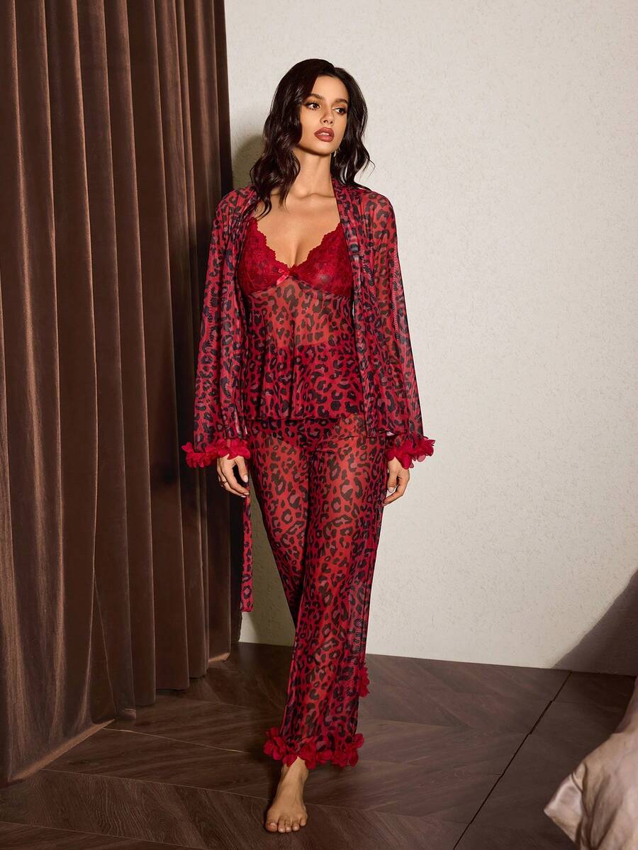 Slumberist 3pcs Sexy Red Leopard Print Lace-Up Robe, Mesh Camisole & Shorts Set - Red - View 1