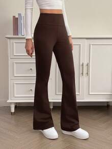 SHEIN Tall 女士高腰显瘦纯黑色休闲裤，适合夏秋季节穿着，高级加长款 - 咖啡棕 - 查看 3