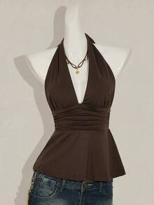 SHEIN ICON Y2k Women's Going Out Boho Brown Halter Backless Babydoll Tank Top Spring To Summer - Brown - View 5