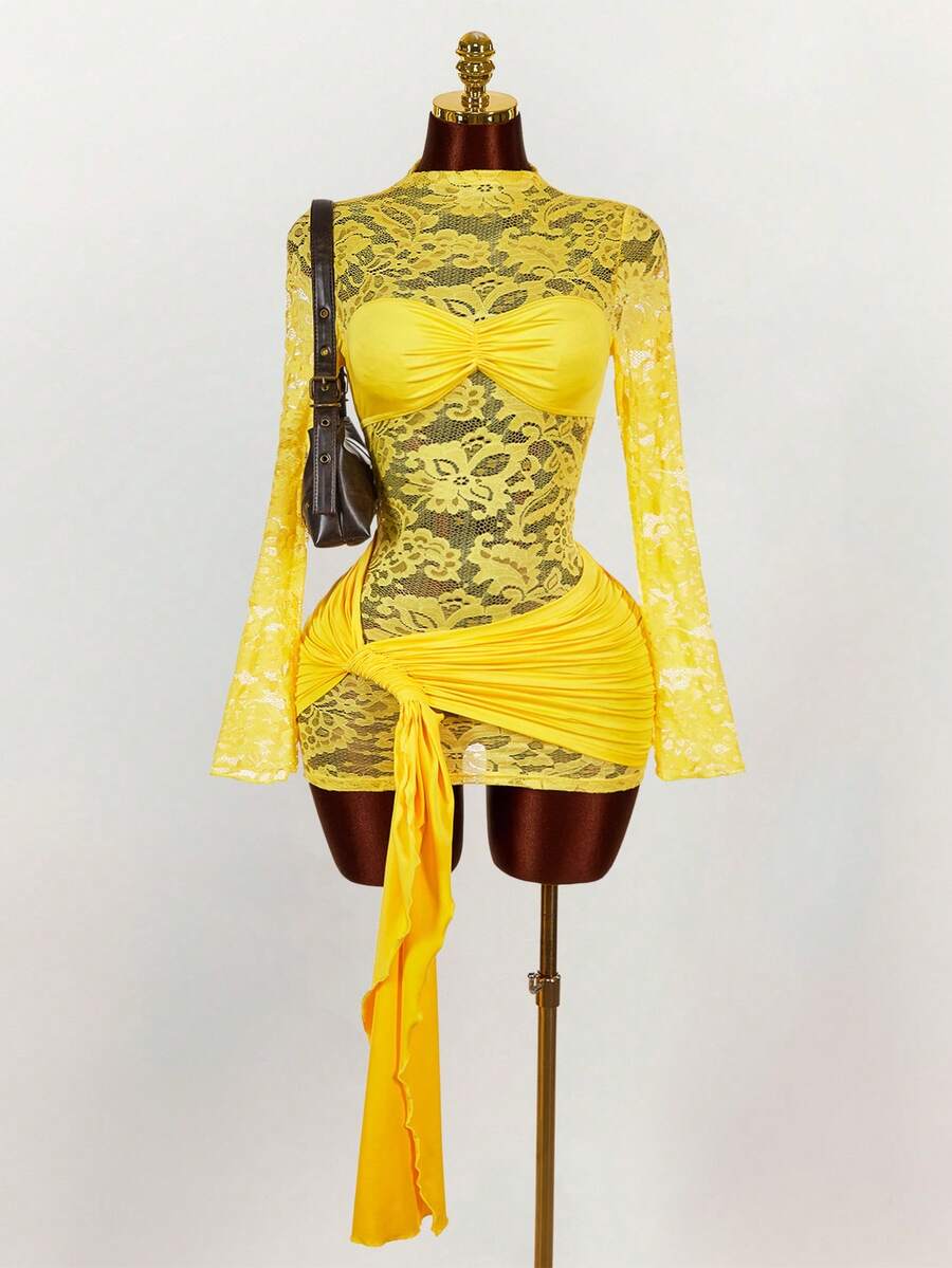 Amplova 女士蕾丝衬衫搭配复古红色薄纱抽绳下摆迷你修身连衣裙，波西米亚风派对装扮 - 黃色 - 查看 1