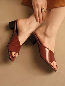 Rosivie Women's PU Leather Fashion Daily Wear Slip-On High Heel Sandals - Brown - View 2