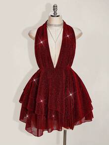 SHEIN ICON 大码女士闪亮性感深V不对称下摆吊带连衣裙 - 酒紅色 - 查看 3