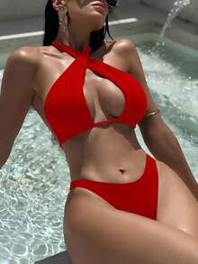 Swim SXY 2 bộ đồ bơi mùa hè dành cho nữ, màu trơn, kiểu buộc dây phía sau, chất liệu dệt kim. - Đỏ - Xem 1